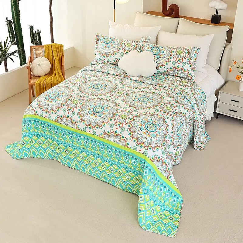 Funda de cama con estampado de verano de estilo americano MU, juego de tres piezas acolchado, tela de algodón acolchado, juego de colcha de algodón de lujo