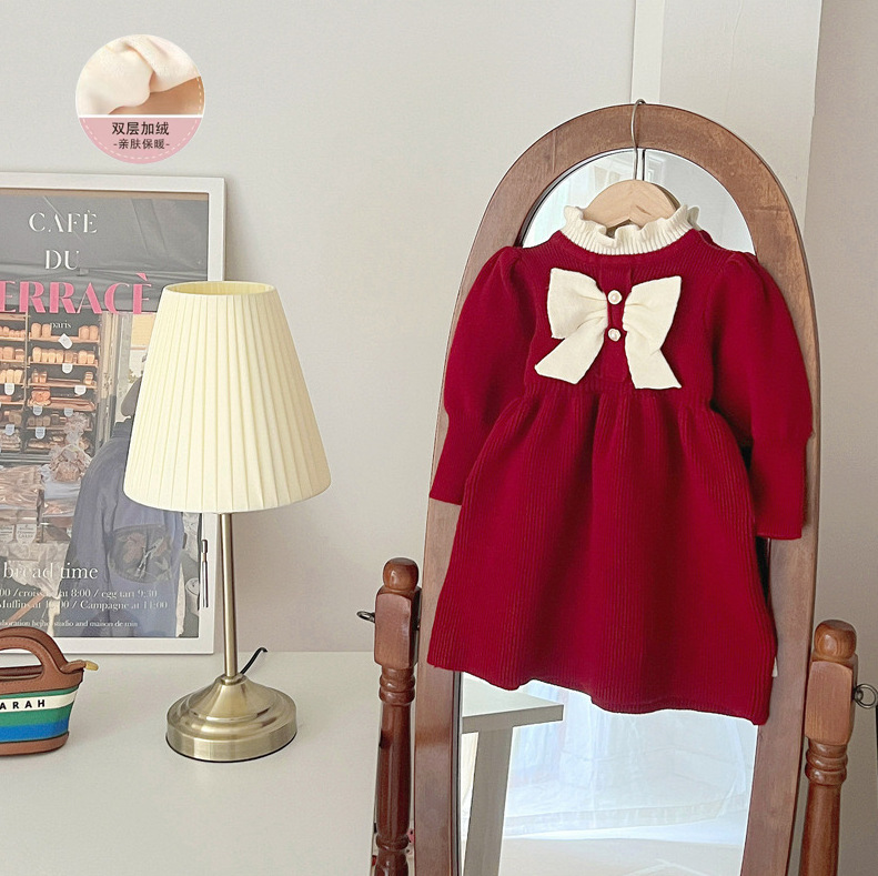 Fleece-lined red big bow dress