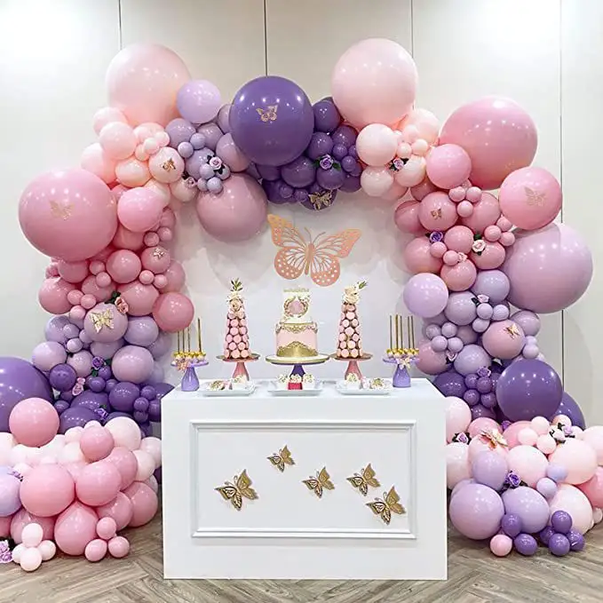 Maca Set karangan bunga balon ungu merah muda stiker kupu-kupu dekorasi pesta ulang tahun anak perempuan Baby Shower