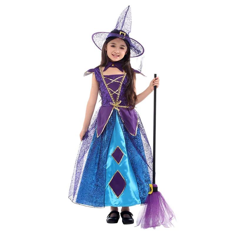 Crianças vestido roxo azul bruxa halloween meninas, cosplay fantasia vestido de bruxa chapéu