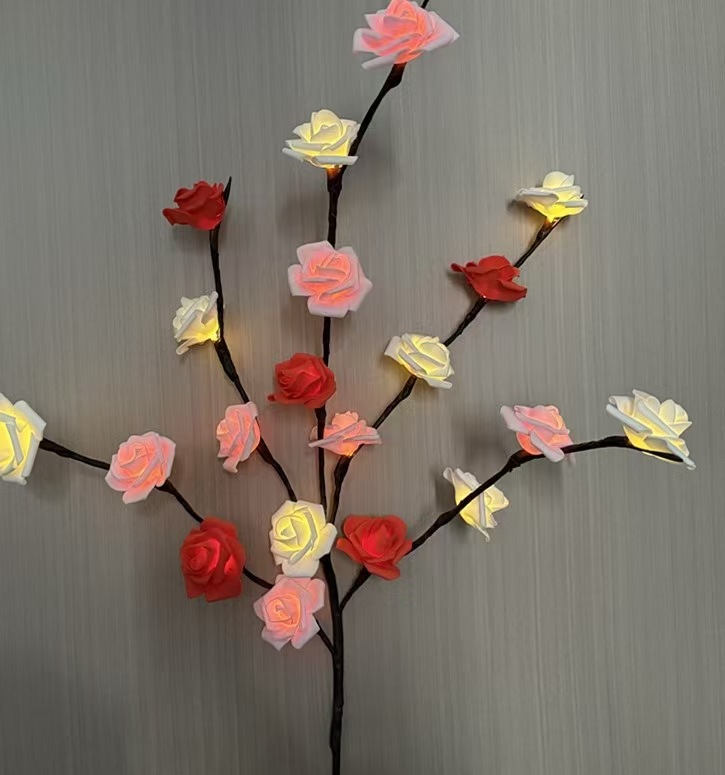 Lampe branche de rosier rouge et blanc, 20 lampes à piles, lumière chaude