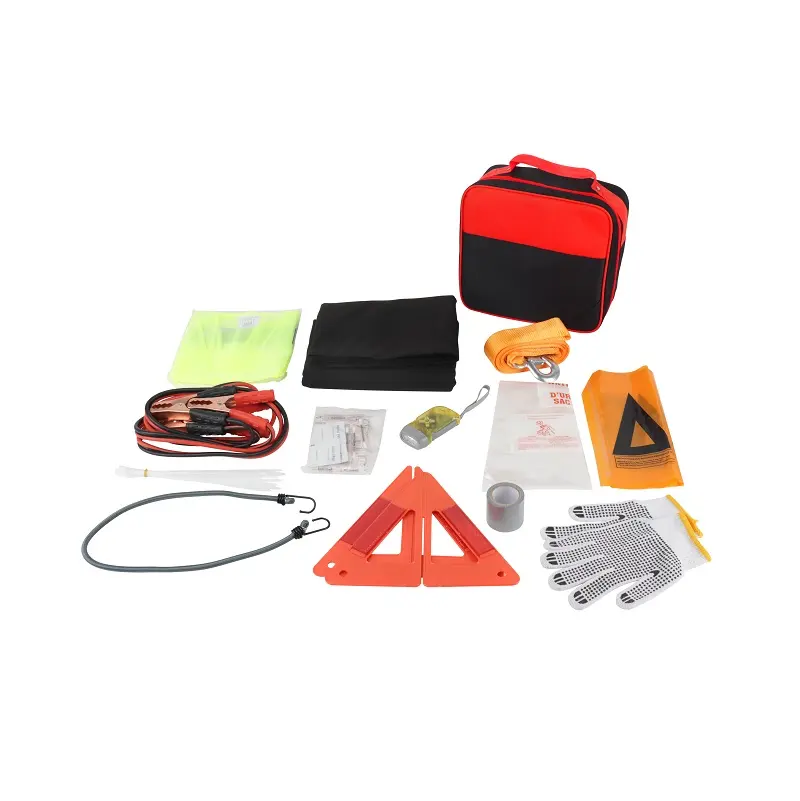 Car Emergency Kit for Vehicle Road Trip with Tire Repair Kit Jumper Cables Safety Vest and First Aid Guide Heavy Duty Tow Strap