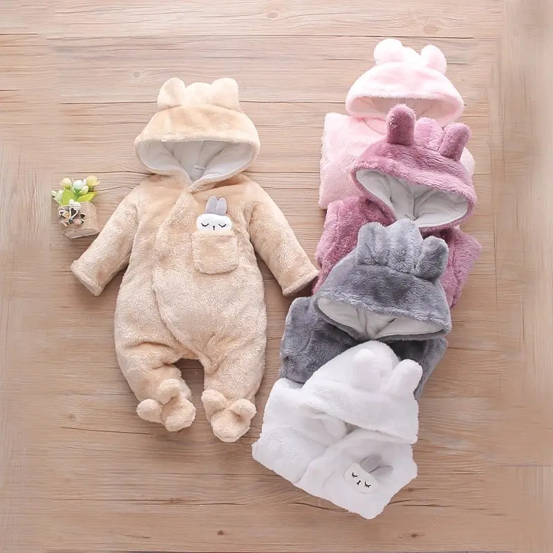 Romper bayi baru lahir, Jumpsuit bulu domba berkerudung, pakaian bayi uniseks anak laki-laki dan perempuan musim dingin