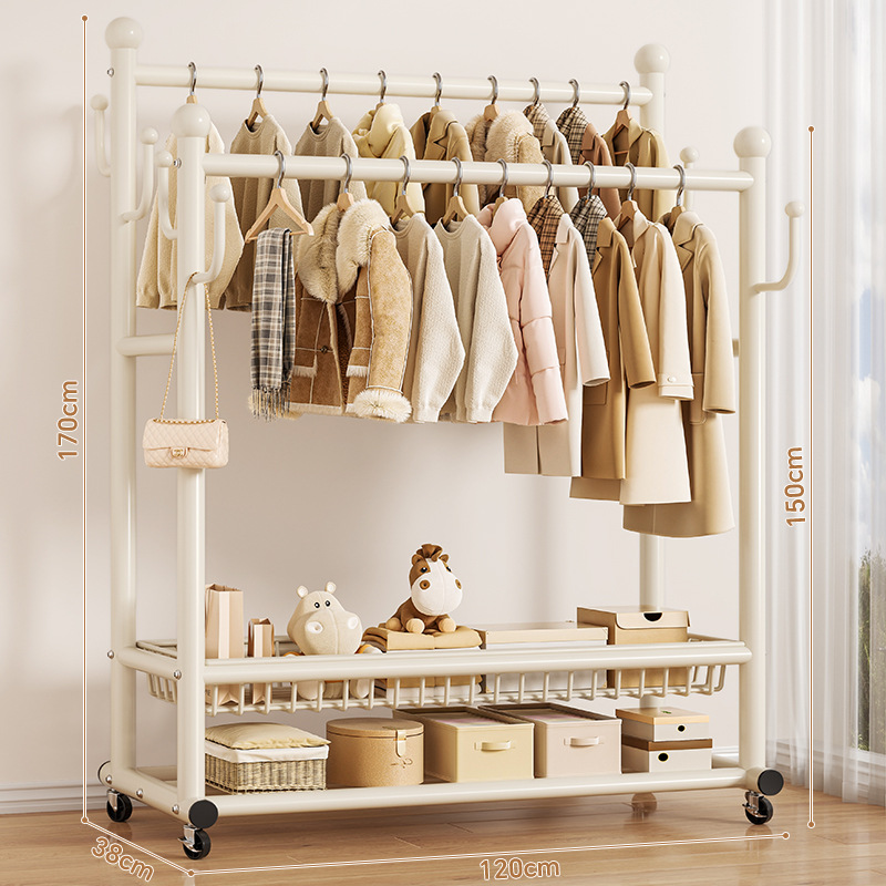 blanc crème-120cm-barre double-panier en maille de grande capacité avec roulettes
