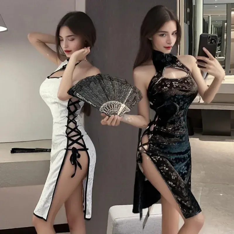 Lencería Sexy femenina chino Cheongsam uniforme lateral con cordones abierto ahueca hacia fuera camisón noche Club caliente ropa exótica para mujeres niñas