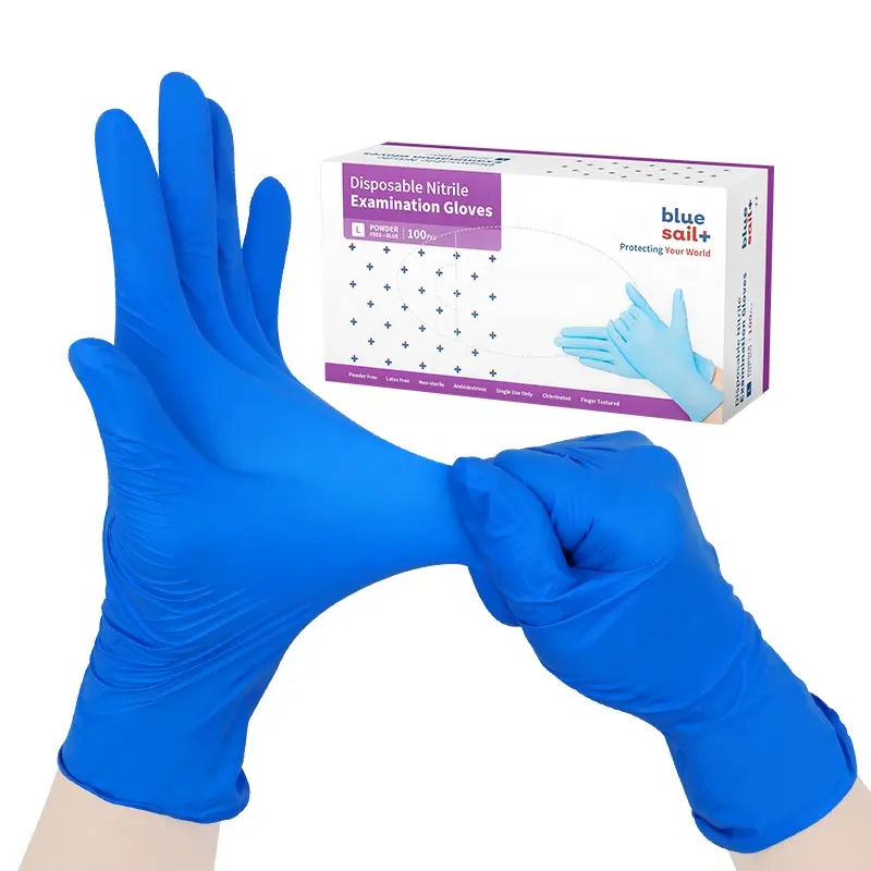 Yüksek kalite 100 adet/kutu steril olmayan diş gıda işleme koyu mavi tek kullanımlık tıbbi muayene nitril eldiven tozsuz