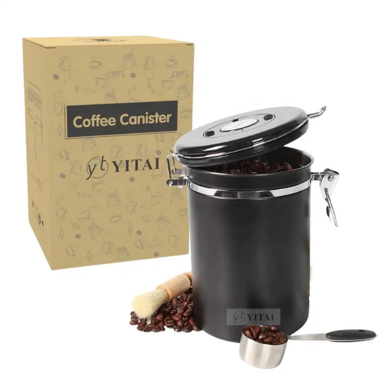 कॉफी कंटेनर वायुरोधी कॉफी भंडारण स्टेनलेस स्टील कनस्तर के साथ मापने के लिए स्कूप सेम या जमीन कॉफी, CO2 वाल्व