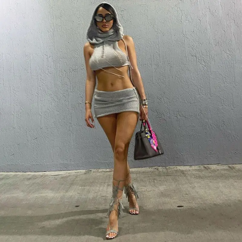 Vrouwen 2Pc Outfits Mouwloze Bodycon Gebreide Mini Rok Set Slim Fit Crop Camis Korte Jurk Sets