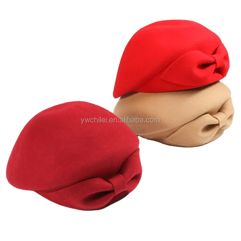 Autumn Winter Vintage Wool Felt Fedoras Hat Bow Beret