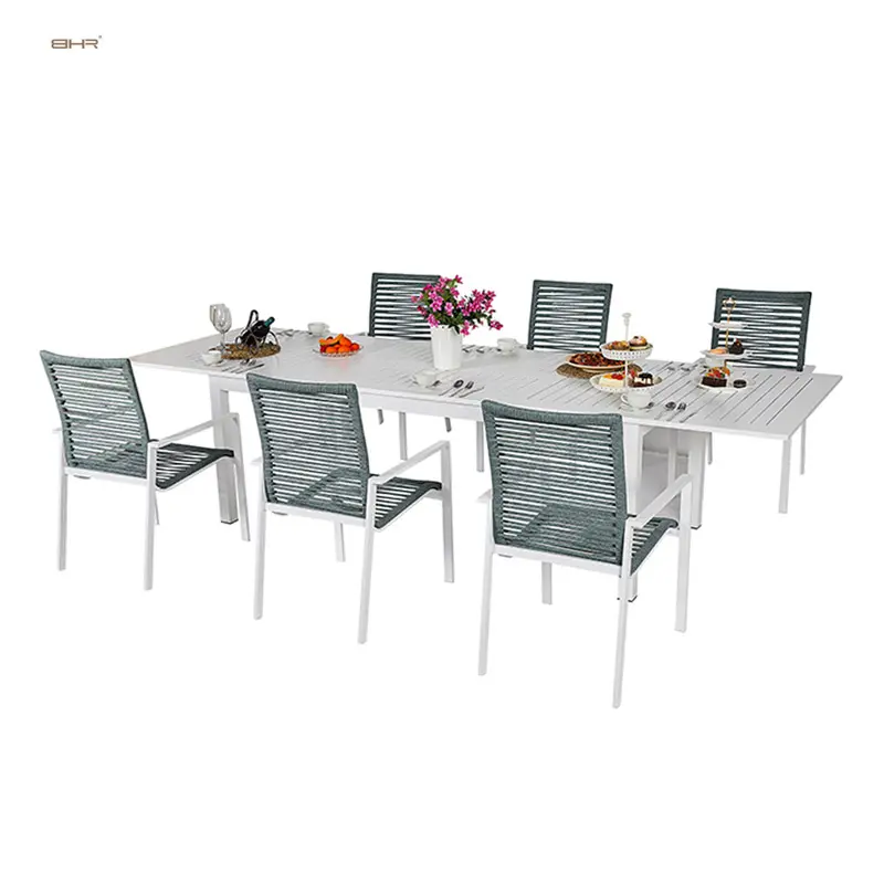 Набор из семи предметов, обеденный стул, длинный стол для сада, современный обеденный стол из ткацкой веревки, алюминиевый обеденный стол на 6 мест