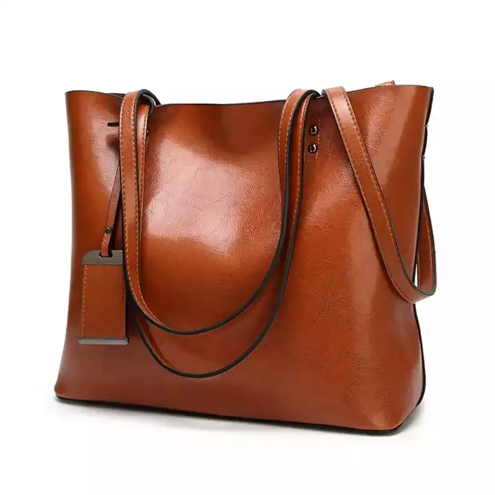 YM Wachsleder-Eimerbeutel einfache Doppelband-Handtasche Schultertaschen Mehrzweck-Einkauf hochwertiges Leder für Damenmode