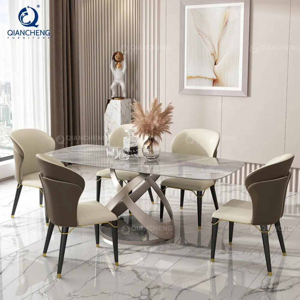 Conjunto de mesa sala de jantar, pedra sintered, 8 lugares, moderno, mármore, bronze, mesa de jantar e cadeiras