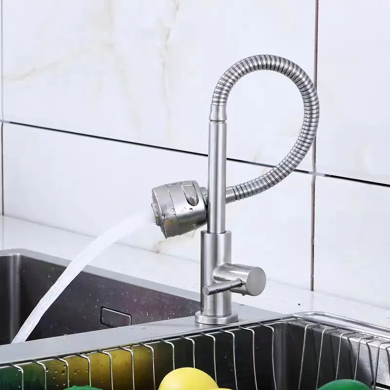 Fabrika toptan paslanmaz çelik tel çekme musluk 360 döner çift fonksiyonlu püskürtücü tek soğuk su mutfak lavabo mikseri