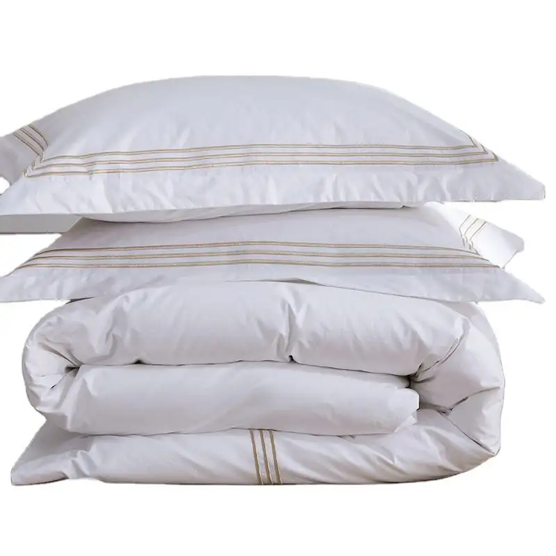 Atacado Home Textile King Size Bedding Set 100% Algodão Cetim Folhas Branco Bordado Duvet Cover Padrão Listrado Qualidade do Hotel