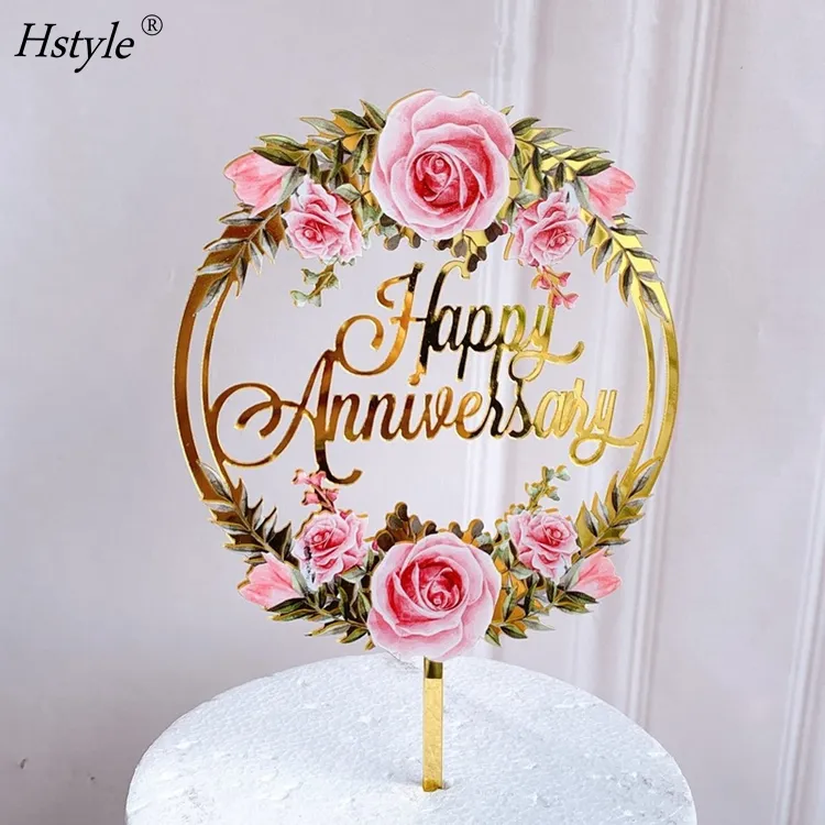 Happy Anniversary Cake Topper - Romantic Flower Anniversary Cake Decors for Wedding Engagement Valentine's Day Decorations PQ677