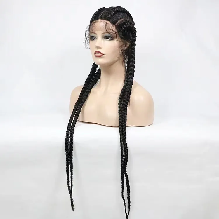 Pelucas trenzadas con encaje frontal para mujeres negras, cabello sintético largo de 32 pulgadas, 4 cajas, trenzas de ganchillo, línea de pelo Natural con pelo de bebé