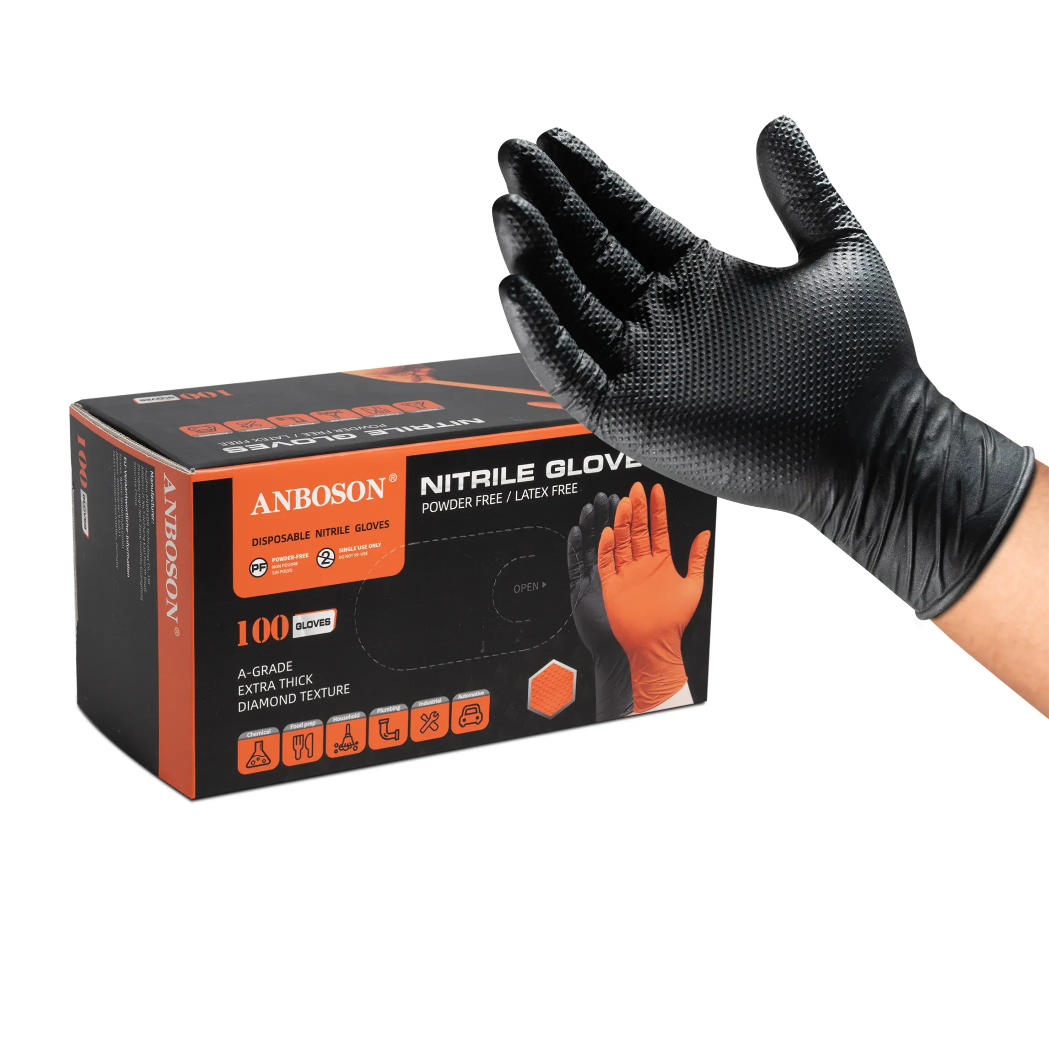 ANBOSON sarung tangan produsen industri 10Mil kustom karet pelindung keselamatan hitam tahan air sarung tangan sekali pakai nitril tugas berat