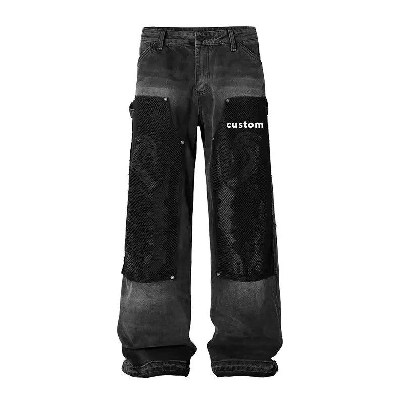 custom streetwear mesh mesh wash straight leg jeans men loose fashion brand high street wide-leg pants jean for men