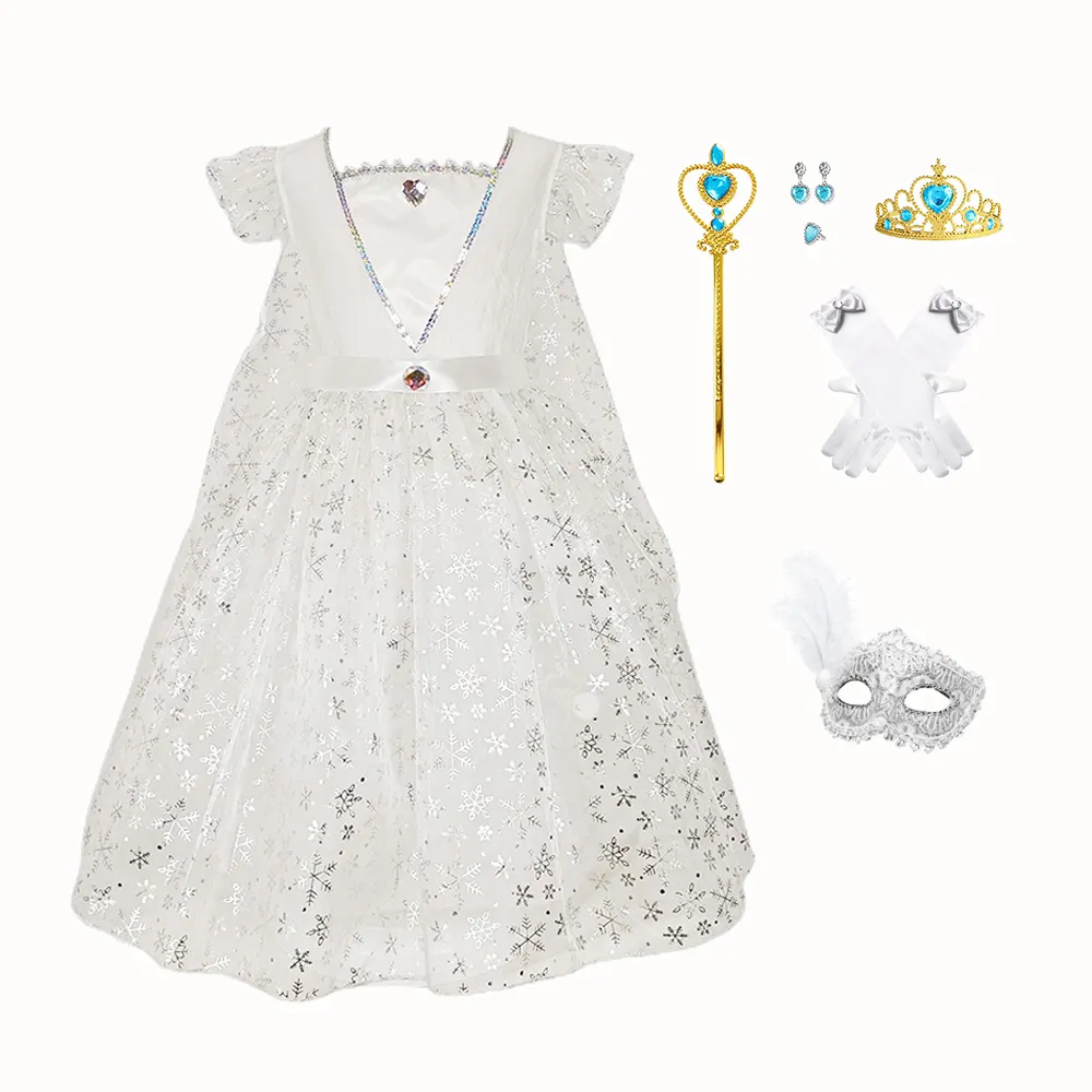 Abito da principessa per ragazze di colore bianco con bellissimo mantello in Tulle Costume da principessa per bambini con accessori e maschera di piume