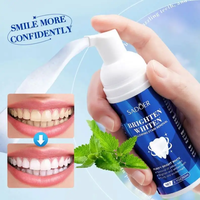 Cuidado Dental Sadoer Etiqueta Privada 60Ml pasta de dientes sabor a menta Mousse de dientes blanqueamiento de dientes espuma de limpieza para uso diario