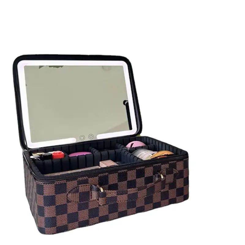 Nieuwe Stijl Reis Cosmetische Case Groot Licht Spiegel Geruit Patroon Make-Up Penseel Met Rits Pu Lederen Toilettas Trein Caes