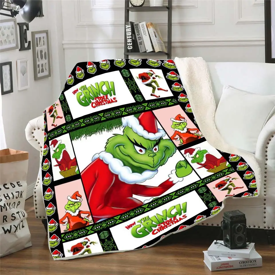 Factory Custom Cute Green Grinch Christmas Blanket 3D Digital Printed Flannel Soft Throw Blankets