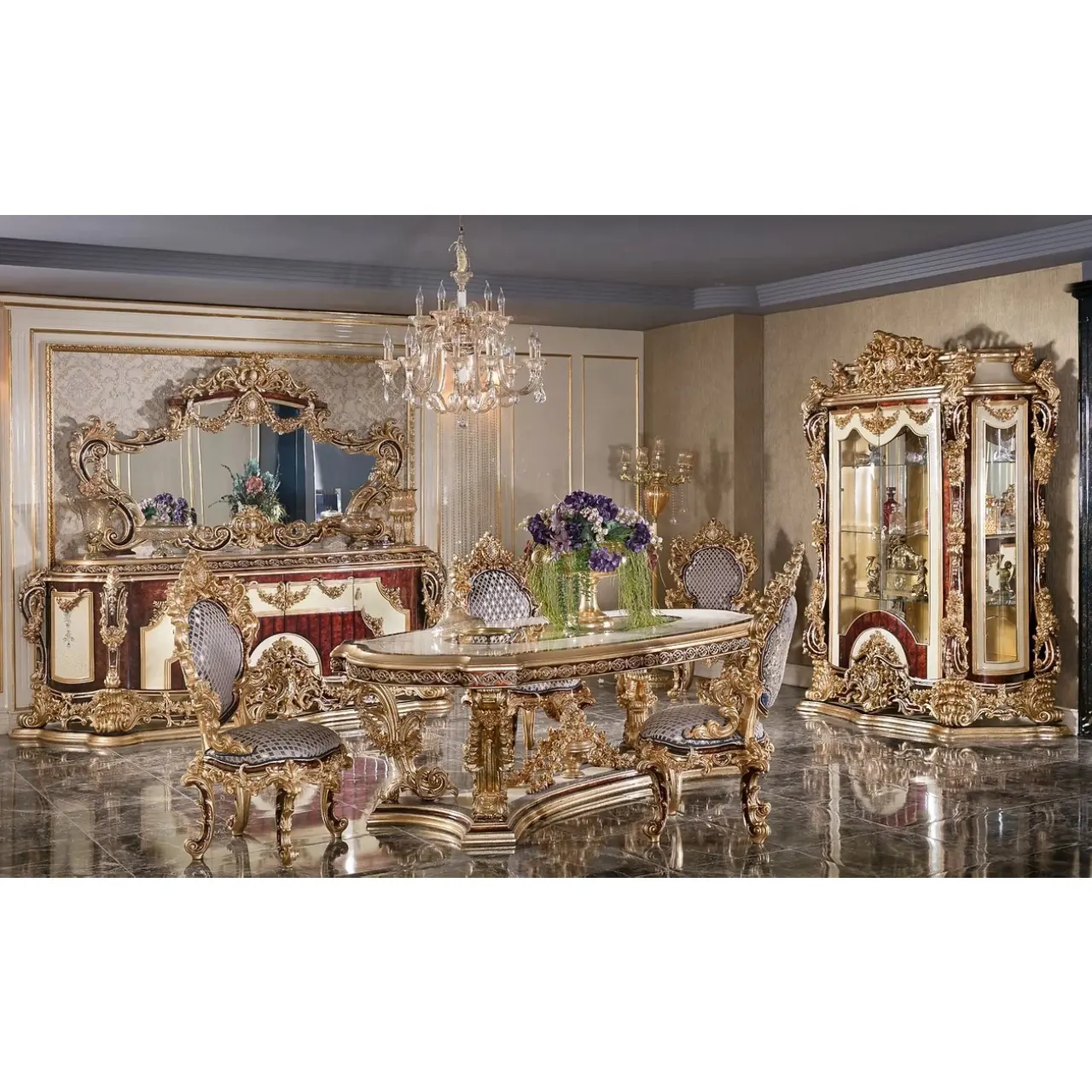 Conjunto de móveis de madeira sala de jantar, conjunto de móveis de madeira clássico da família antiguidade ouro esculpido à mão mesa de jantar com cadeiras