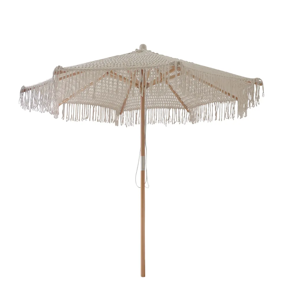 Bohemia pamuk halat makrome şemsiye 2.5m ahşap direk el yapımı püsküller dokuma gölgelik plaj şemsiyesi ile makrome saçak