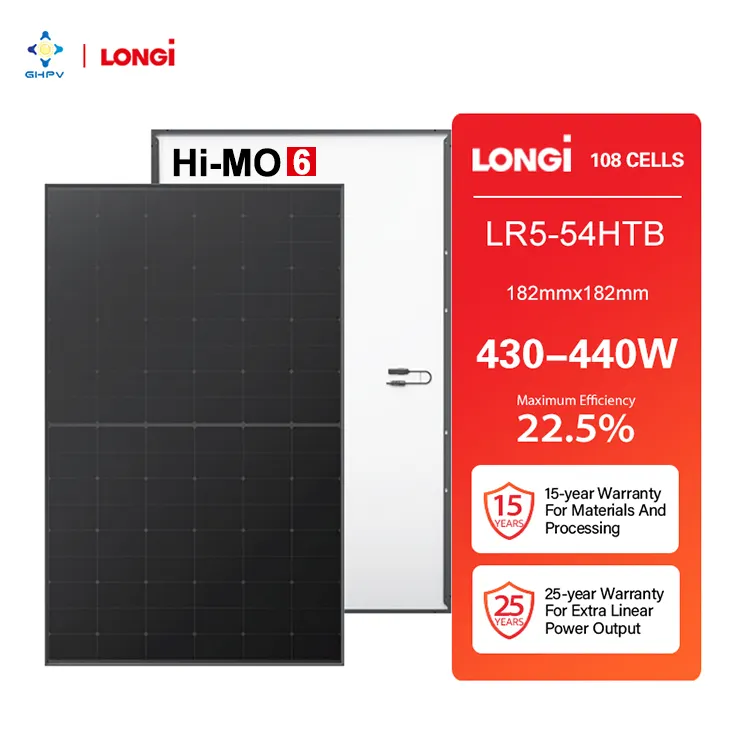 LONGi ซิลิคอน182มม. 430W 435W 440วัตต์108ครึ่งเซลล์ Solarmodule ราคาถูกแผงเซลล์แสงอาทิตย์ประสิทธิภาพสูงสีดำทั้งหมด