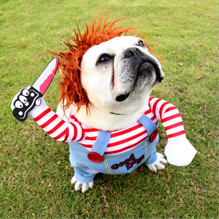 Chuckyy-Disfraz de perro chucky, disfraz de Halloween con cuchillo para mascota