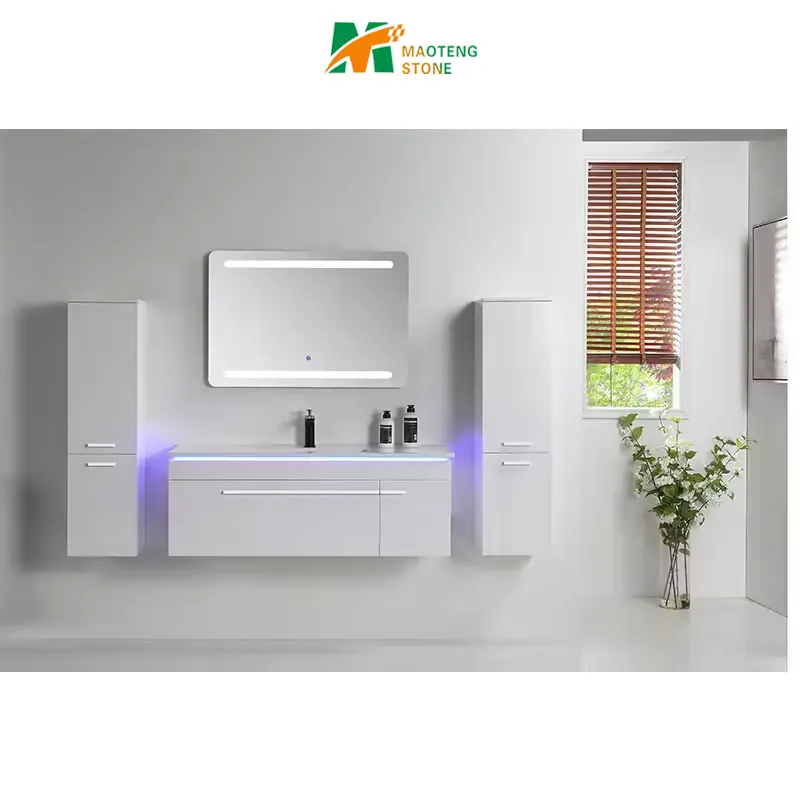 Lavabo de espejo Led montado en la pared, nuevo modelo de lujo, tocador de baño de grado superior, precio al por mayor, muebles de baño blancos para Hotel