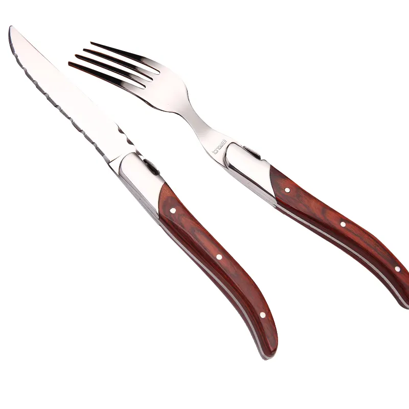 Posate per posate in acciaio inossidabile con manico in legno, Set di posate per cucchiaio forchetta coltello da bistecca ristorante