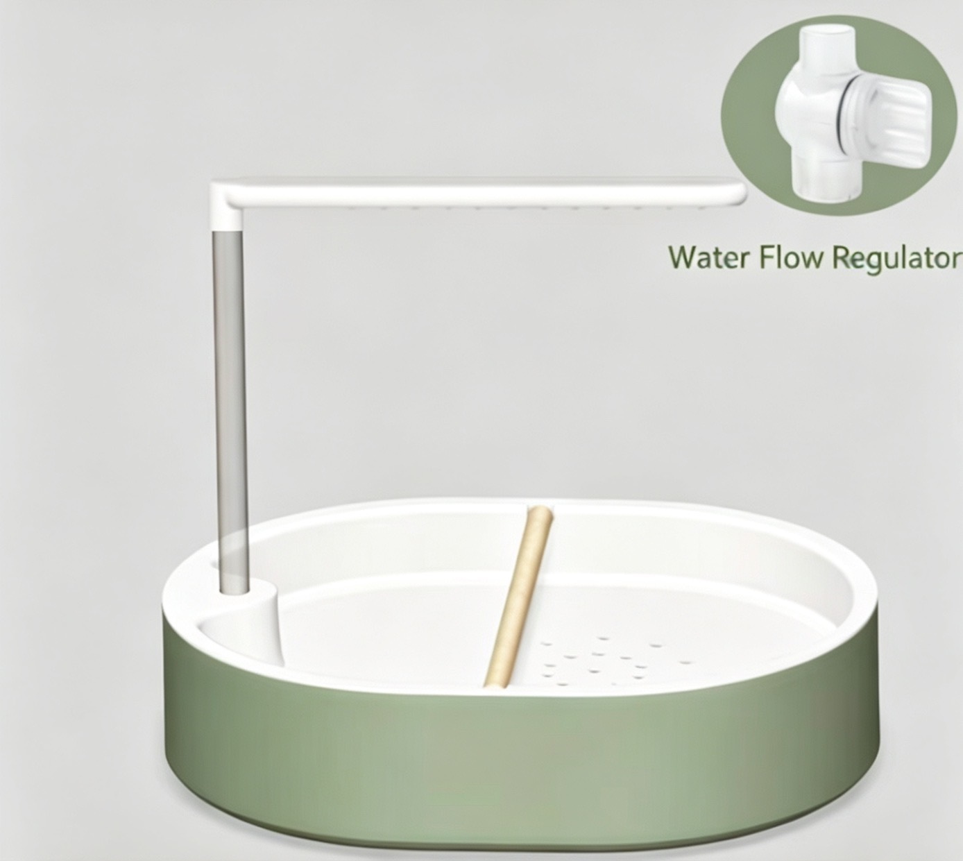 Irrigatore bianco a circolazione + posatoio in faggio + regolatore di flusso dell'acqua