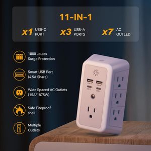 Dalgalanma koruyucusu çıkış genişletici, 7 elektrik çıkışları ile çok fiş çıkış Splitter 4 USB portları 3 taraflı duvar fiş adaptörü - Product Image 2