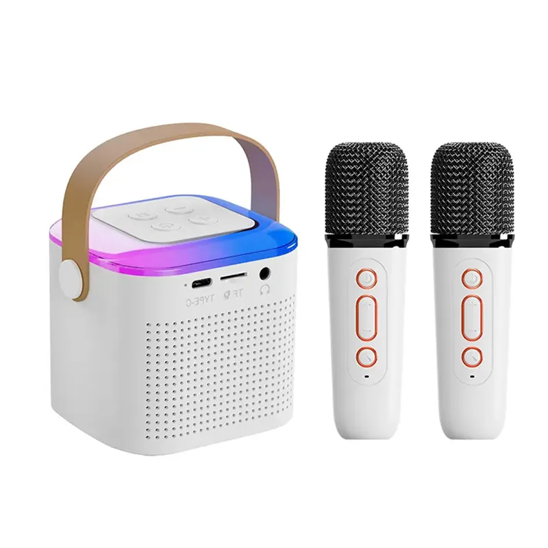 Y1 yeni Led süslemeleri için kablosuz ev Usb Mini BT taşınabilir Karaoke hoparlörü 2 kablosuz mikrofon ile aile KTV parti