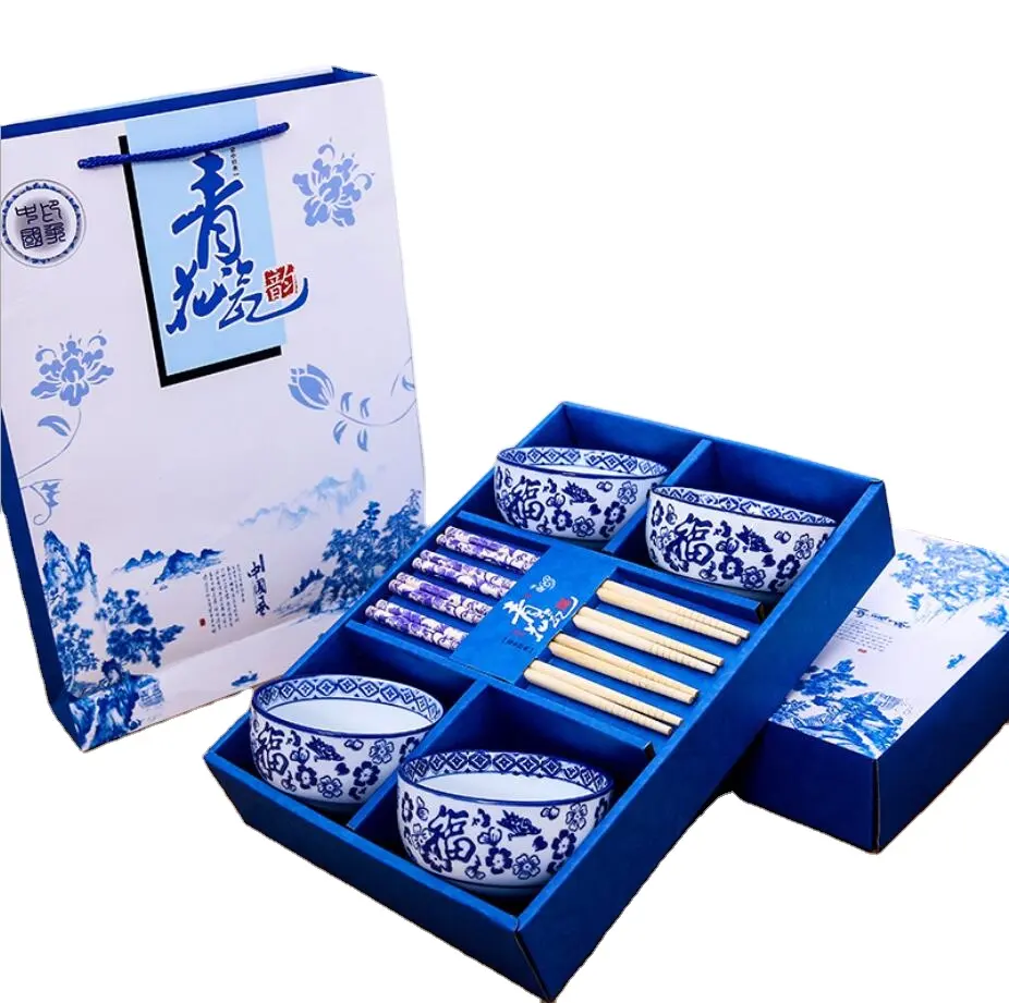 Chinois Bleu Blanc Fleurs Impression Porcelaine Cadeau Bols