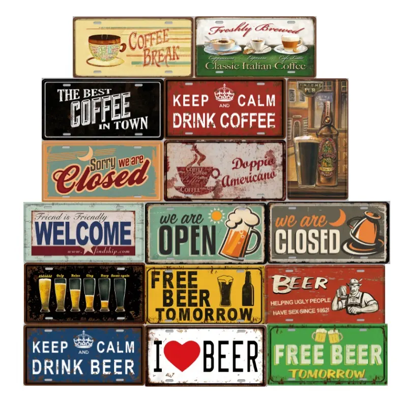 Open Closed Welcome Coffee Shop Metal Tin Sign Flat Car Plates License Beer Drink Metal Poster Home Bar Club Garage Decoration