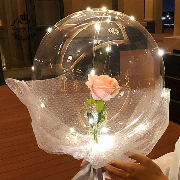 Ballons à LED transparents ronds en mousse Bouquet de roses Bobo Ball pour fête d'anniversaire Décoration de mariage Ballons de la Saint-Valentin