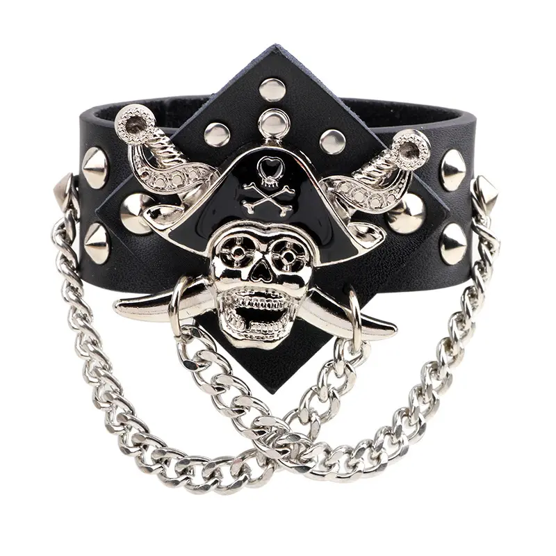 Braccialetto stile Punk Hip Hop bracciale in pelle larga teschio pirata caraibico bracciale rivetto in metallo personalizzato maschile