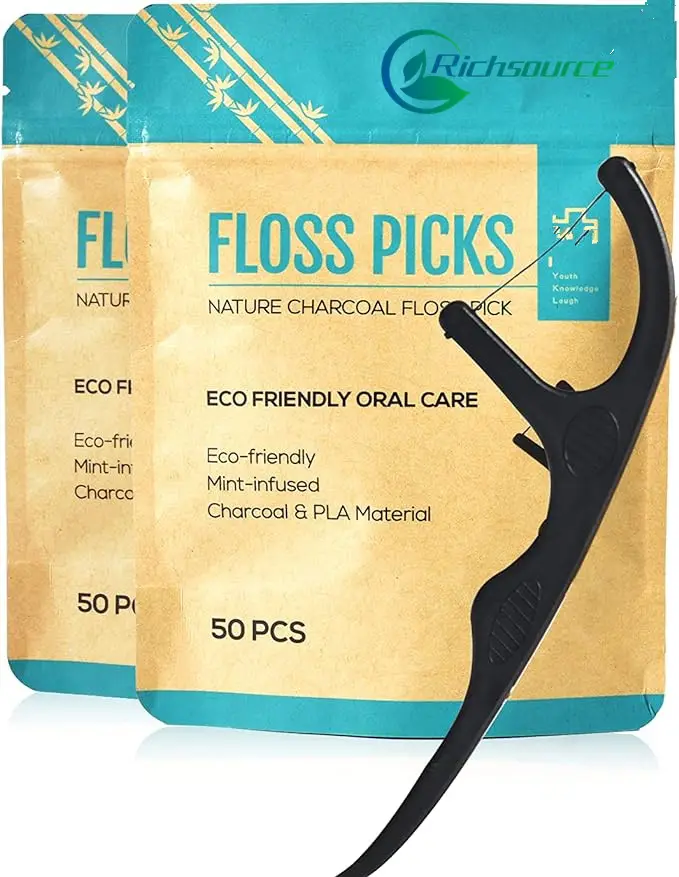 Customize free design 50pcs Eco-friendly 100% biodegradable mint flavour tooth pick vegan dental floss for home use