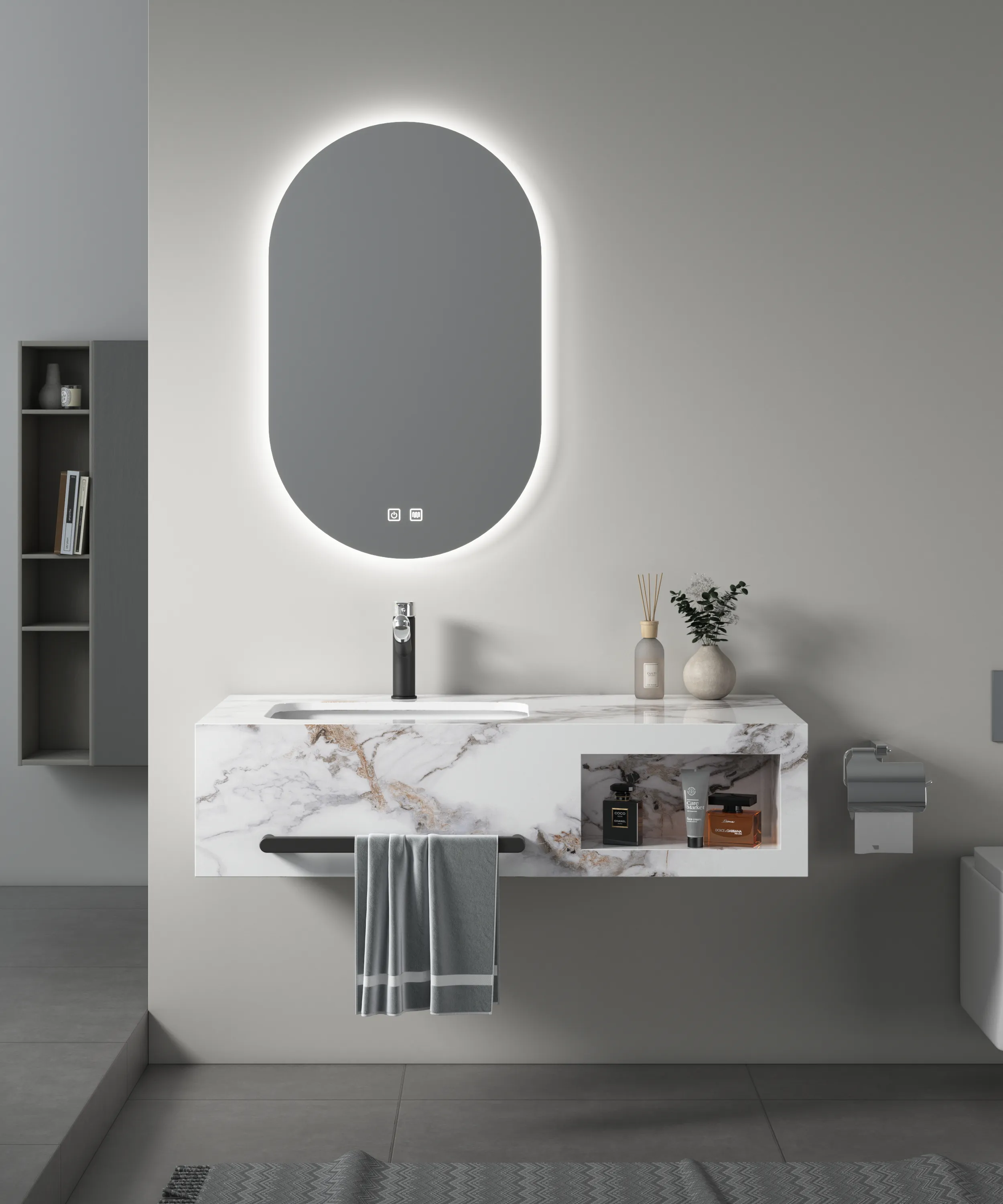 Оптовая продажа для гостиничного проекта, мебель для ванной комнаты, каменная плита, Спеченный камень для ванной комнаты, шкафчик под раковину со светодиодным зеркалом