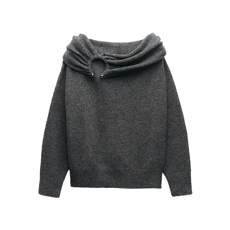 Женский 2023 осенний модный серый вязаный свитер с открытыми плечами, Женский пуловер с длинными рукавами, шикарные топы