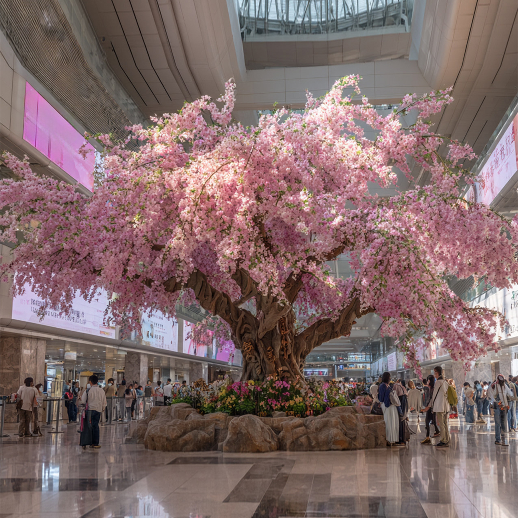Arbre à fleurs de cerisier rose de 5 m - Hall de l'hôtel