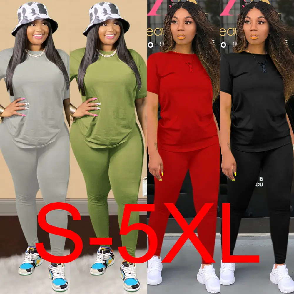 S Ke XXXXXL Set Celana Legging Wanita, Pakaian Kasual Dua Potong Set Warna Polos Musim Panas Ukuran Plus