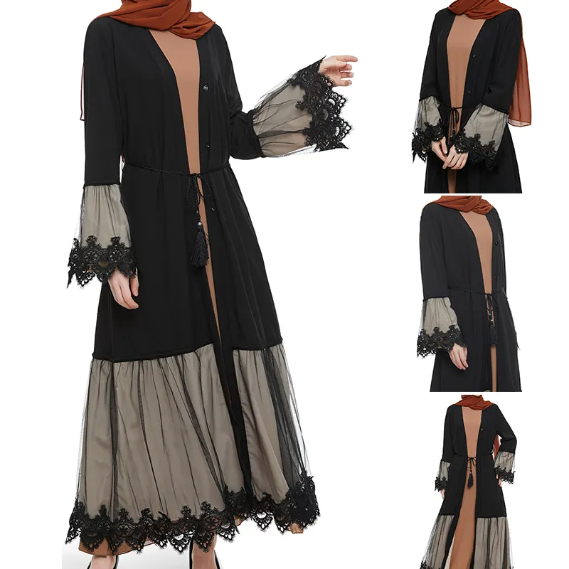 Orta doğu arap kadın elbiseleri dantel örgü Patchwork hırka Robe müslüman elbise Abaya Dubai ile bindirme