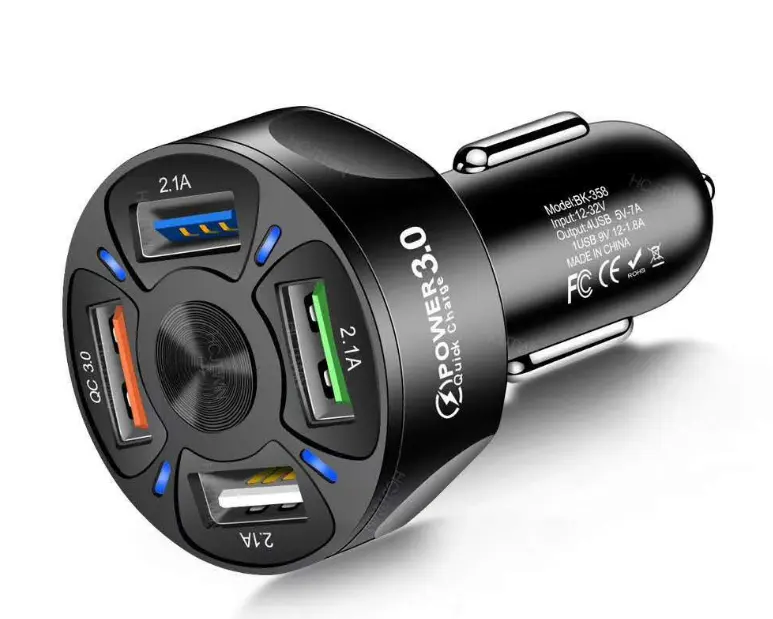 QC3.0 chargeur de voiture rapide USB quad 12V-24V 5V/7.0A 9V/1.8A 12V/1.8A chargeur rapide MAX 7A multi-protection BK-358 chargeur