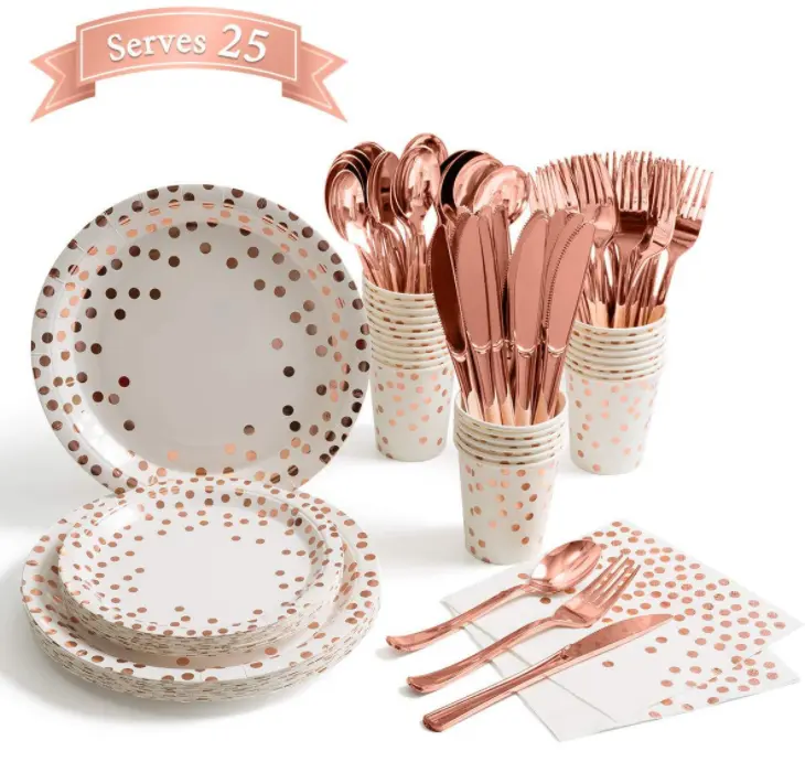 Rose Gold Dot on White Paper Plates and Napkins Cups Silverware Serves 25 Sets for Wedding Bridal Shower Engagement Birthday Par