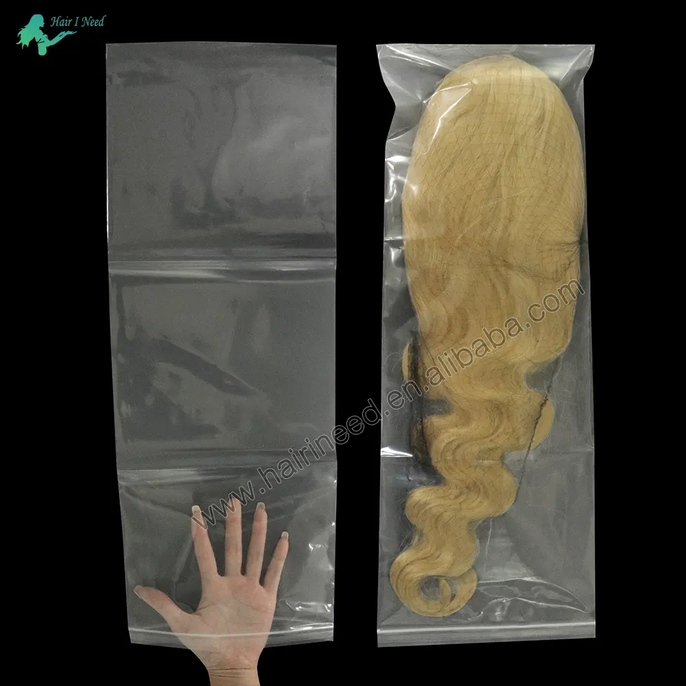 OEM OED logotipo personalizado peluca y paquete de bolsas de plástico de pvc transparente peluca bolsa de embalaje para el cabello