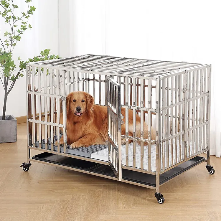 Venta al por mayor plegable de acero inoxidable apilable jaulas para perros de Interior para la venta
