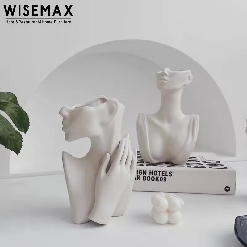 WISEMAX FURNITURE Creative Nordic Figure Article Living Room Home Table Decor White Ceramic Decorative Flower Vase